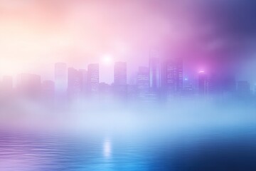 Fototapeta premium Futuristic city skyline featuring neon lights in a hazy atmosphere with ample space for creative overlay
