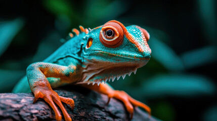 Fototapeta premium Vibrant blue and orange lizard perched on branch, showcasing intricate scales and expressive eyes. This exotic reptile is stunning example of nature beauty