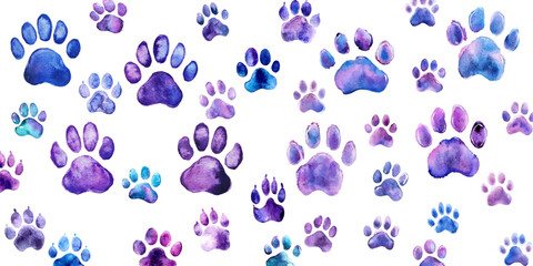 Obraz premium Set of watercolor paw prints blue and purple In clip art format with a white background