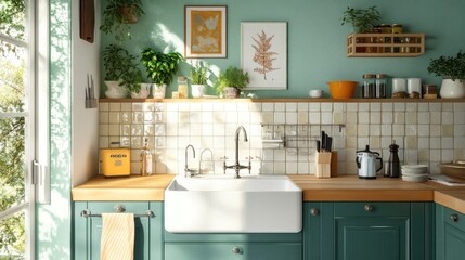 Fototapeta premium Sunny kitchen with farmhouse sink, teal cabinets, and wood countertop.