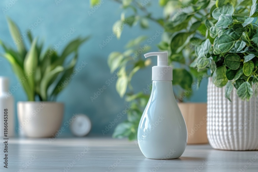 Poster droplets of sanitizer eliminating bacteria in a clean and vibrant indoor space surrounded by greener