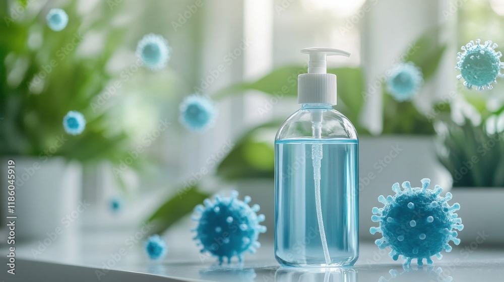 Poster Droplets of sanitizer effectively eliminating bacteria and viruses in a clean indoor environment with plants. Generative AI