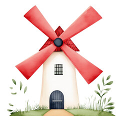 Charming Red Windmill Surrounded by Lush Greenery and Plants