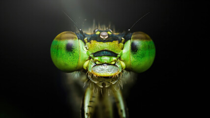 Extreme close-up of damselfly showing its compound eyes and mandibles