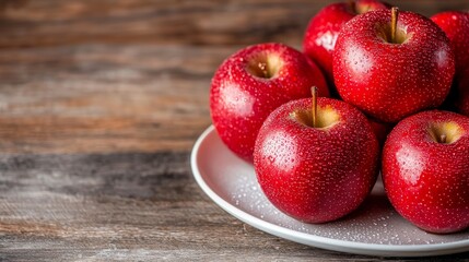 Fresh red apples arranged on a plate over a rustic wooden background.