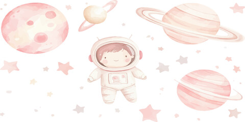 Watercolor cute cartoon clipart of pastel-colored astronauts and planets, stars on a white background