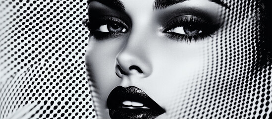Black and white pop art portrait glamorous woman mesh veil effect dramatic makeup bold lips striking eyes retro comic style halftone texture modern fashion illustration inspired high contrast artistic