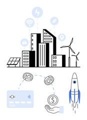 Fototapeta premium Smart City with buildings, solar panels, wind turbines, connectivity icons, payment card, hand with coin, and rocket. Ideal for technology, finance sustainability business growth innovation smart