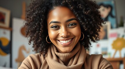 Close Up Portrait of a Beautiful Female Creative Specialist with Curly Hair Smiling. Young Successful Multiethnic Arab Woman Working in Art Studio. Dreaming About Better Life and Opportunities Ahead.
