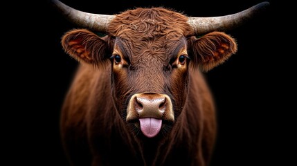 Naklejka premium Playful Brown Bull Portrait: A close-up shot of a brown bull playfully sticking its tongue out against a black background.