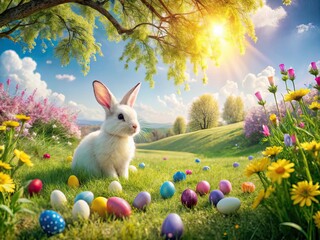 Fototapeta premium Pastel spring meadow with a cute, fluffy-tailed rabbit near a willow tree, surrounded by wildflowers and Easter eggs.