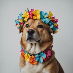A dog wearing a Hawaiian lei on a white backdrop.