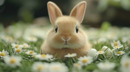 Adorable baby bunny in a meadow of daisies. Easter, Pascha, Paskha, Ostern, Pascua, Paques - Orthodox and Catholic Holiday celebration