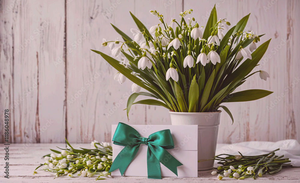 Poster white flower pot with a green ribbon and a white card with a bow on it. the card is on a table