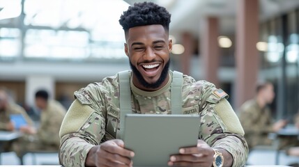 Soldier enjoys leisure time on base during video call with friends, creating a joyful atmosphere among peers