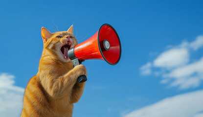 Fototapeta premium A cat holding a megaphone and shouting, isolated on a blue sky background with copy space for text,Generative AI