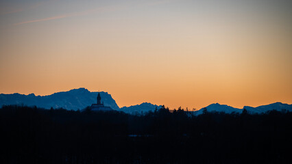 Obraz premium Monastery Andechs and Bavarian Alps with Zugspitze, highest mountain in Germany