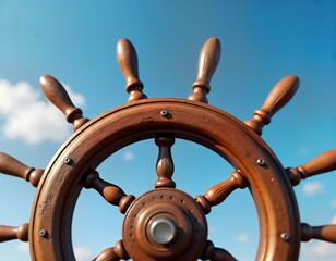 Wooden ship steering wheel against clear blue sky. Classic nautical design. Vintage nautical symbol. Vintage ship steering wheel on sea background. Control, direction concept. Sailing vessel