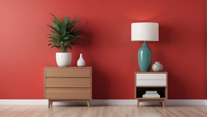 Living room interior with chest of drawers, plant in vase and lamp on empty Bright Red wall