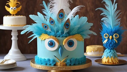 Décoration de gâteau fantaisiste mettant en scène des personnages aux grands yeux ornés de plumes, Topper de gâteau fantaisiste, grands yeux, plumes, adorable.
