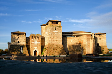 Morning view to castle Sismondo in Rimini, Italy. Part of Fellini Museum. Copy space in sky.