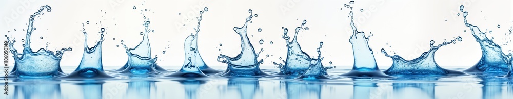 Aufkleber Collection of clean blue water splashing, flowing. Water pouring downward creating dynamic patterns. Isolated on white background. Abstract image of pure liquid. Ideal for concepts of health, purity.