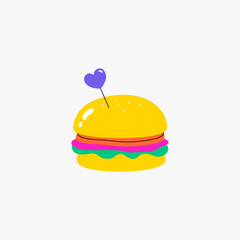 Burger With Heart Shaped Pin In Flat Vector Illustration Symbolizing Fast Food, Love For Burgers, And Enjoyment, Isolated On White Background.