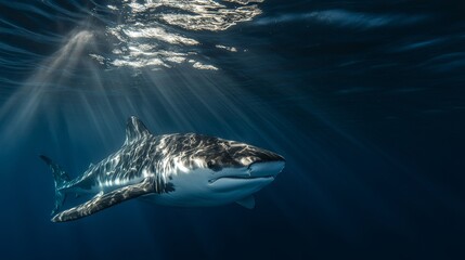Fototapeta premium Graceful Predator A Great White Shark Soars Through the Sunlight Depths of the Ocean.