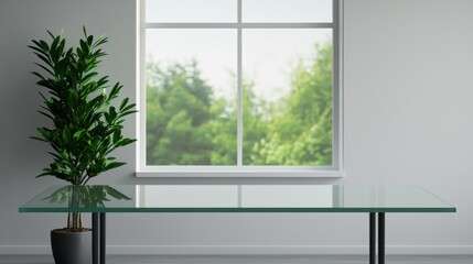 Fototapeta premium Empty glass table in modern office with natural light and plant