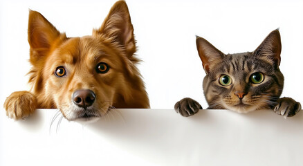 Dog and cat peeking over a white banner, isolated on a white background,Generative AI