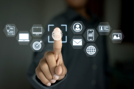 A fingerprint scan unlocking access to digital services and icons