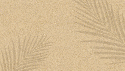 Shadow palm leaf on sand texture for summer background,Top view Beige beach sand with silhouette branches tropical tree leaf,Brown desert sandy texture pattern with nature shadow, light,Ground sandy
