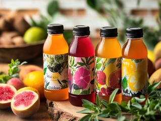 Vibrant close-up of kombucha bottles with colorful labels, fresh fruits, and herbs