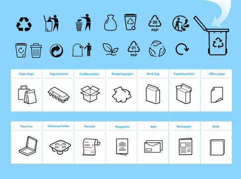 Ready sets of icons for separating paper waste. Vector elements are made with high contrast, well suited to different scales and on different media. Ready for use in your design. EPS10.