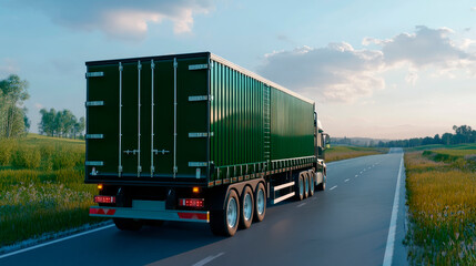 A semi truck with green container transporting goods. Back view.