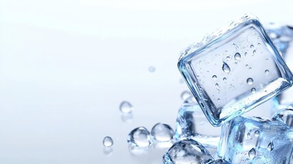Ice cubes frozen minimal on white background. A close-up of clear ice cubes with droplets of water, set against a light background, conveying a refreshing and cool aesthetic.