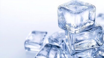 Ice cubes frozen minimal on white background. Clear ice cubes stacked elegantly, reflecting light, perfect for cooling drinks or adding a refreshing touch to beverages.