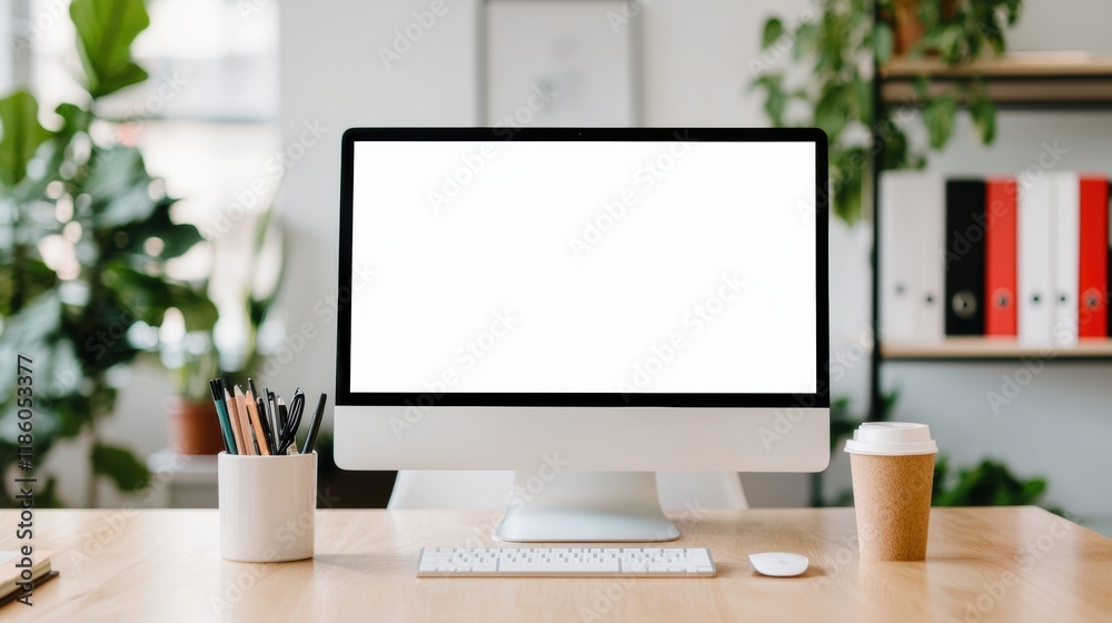 Poster desktop computer with blank screen showing bright office space with plants