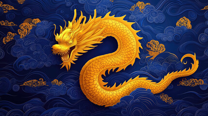 Fototapeta premium Golden chinese dragon against vibrant blue night sky with swirling clouds. Chinese New Year