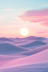 Fototapeta premium Surreal futuristic desert landscape with metallic sand dunes and glowing sky reflecting pink and blue hues at dusk