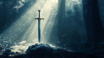 Naklejka premium Sword in the forest with rays of light