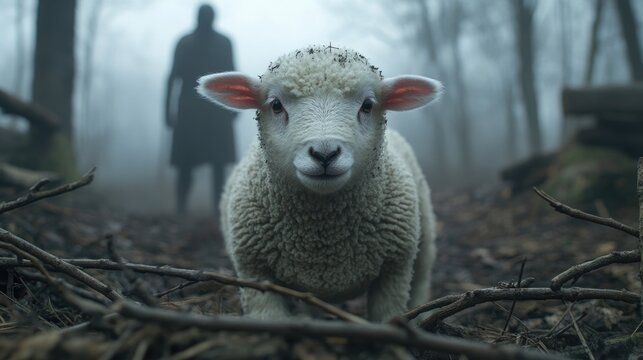 Curious lamb in misty forest with mysterious silhouette in background. Jesus Lost Sheep, Good Shepherd Parable, Biblical Story, Lost and Found Sheep - Christian Religious Narrative