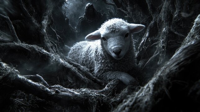 Mysterious forest encounter: lamb in dark, eerie woods with hooded figure. Jesus Lost Sheep, Good Shepherd Parable, Biblical Story, Lost and Found Sheep - Christian Religious Narrative