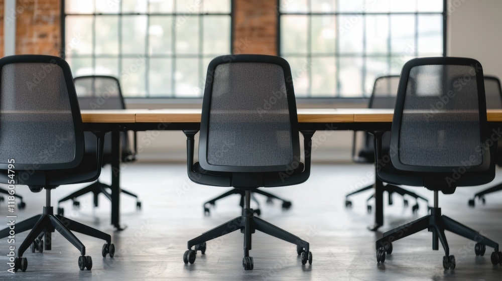 Poster Empty office chairs surrounding a large desk in an open office layout emphasizing spatial organization