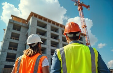 Two construction workers assess building progress on city construction site. Workers evaluate project. Team collaboration on building project visible. Outdoor urban setting. Modern building under