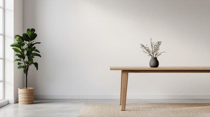 Empty wooden table with vase and plant illuminating minimalist office