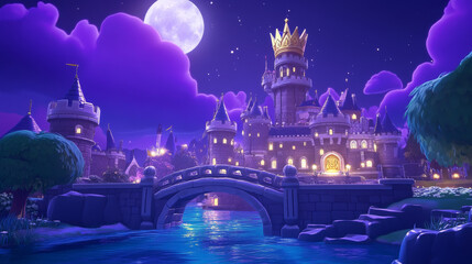 Fantasy landscape with castle at night. Medieval house, palace building with stone bridge, towers, crown and gates in moonlight, vector cartoon illustration
