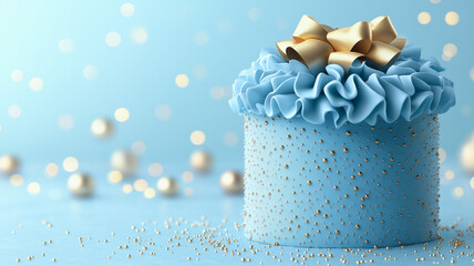 Blue Gift Box with Golden Bow: A delightful blue gift box adorned with a golden bow, nestled amidst a sparkling blue backdrop. The perfect image for celebrating special occasions.