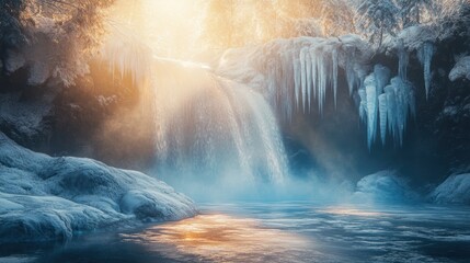 Frozen waterfall in winter sunlight.