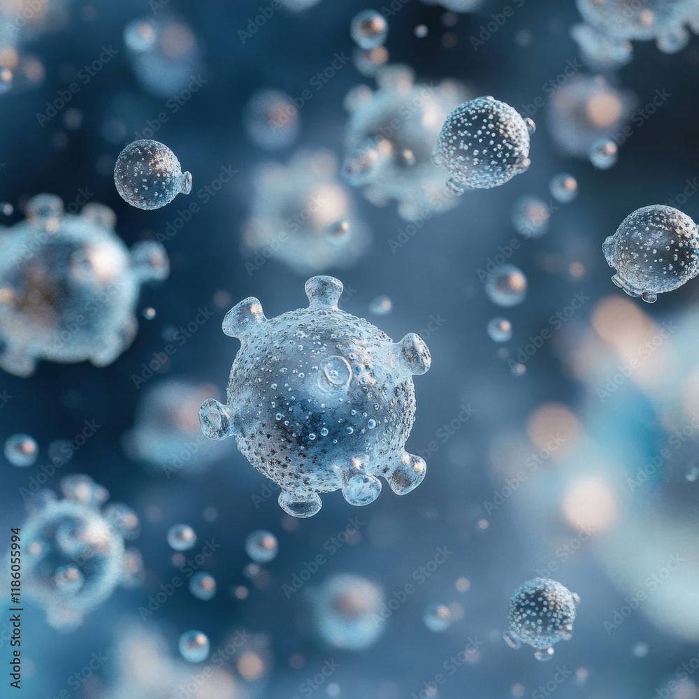Poster viruses suspended in water droplets with a blurred blue background illustrating potential health haz